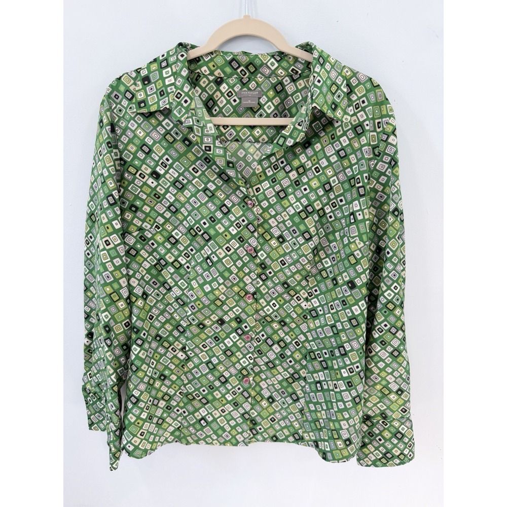 Ann Taylor Green Geometric Print Button Front Blouse Women's Size 16